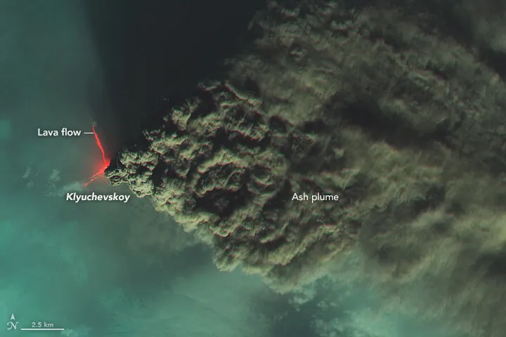 Klyuchevskoy Kamchatka Russia eruption Landsat satellite image lava flows subduction zone