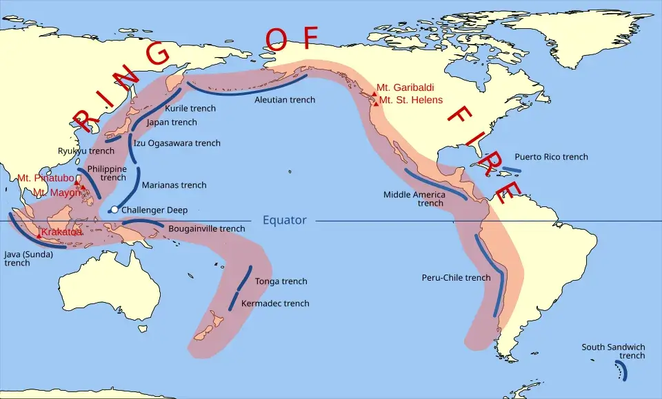 Pacific Ring of Fire map subduction zones active volcanoes Pacific Plate