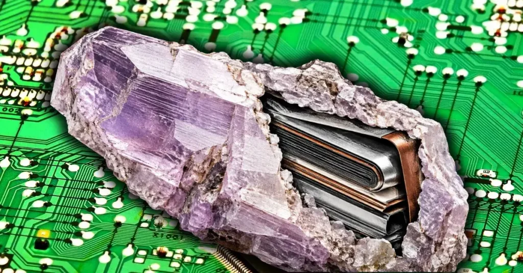 Cristal morado que encierra capas de metal plegadas sobre una placa de circuito