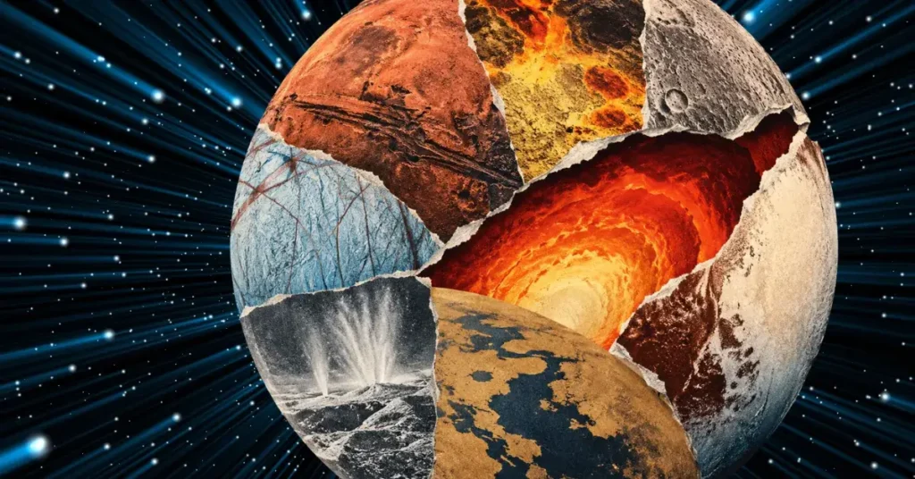 Collage en corte transversal de superficies planetarias y un núcleo fundido en el espacio