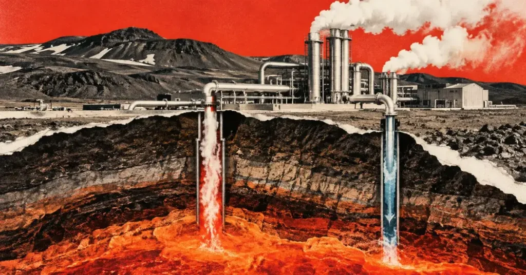 Central geotérmica que extrae calor de un reservorio volcánico subterráneo