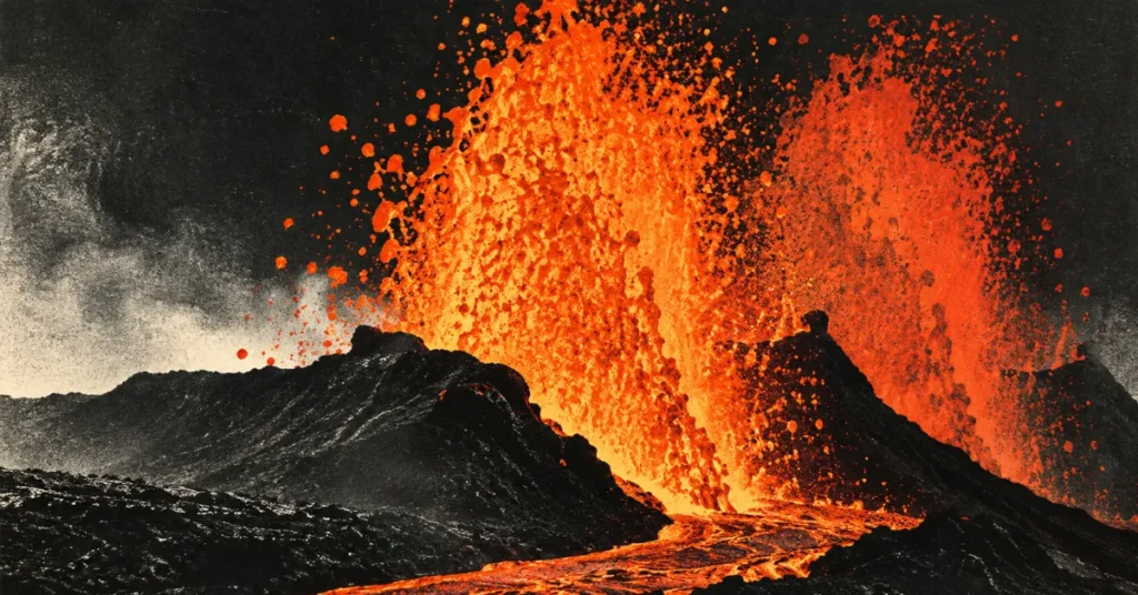 Volcán en erupción con brillantes fuentes de lava y roca fundida fluyendo