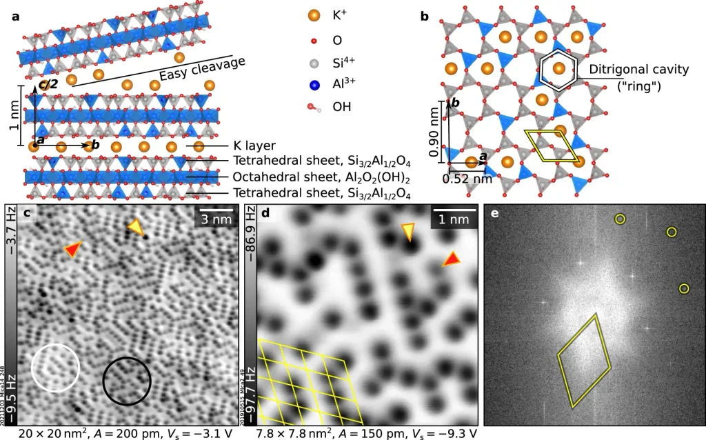 Crystal structure diagrams of muscovite with atomic force microscope images of potassium ions on a cleaved surface