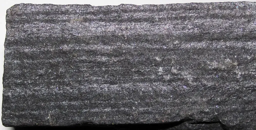 Cut slab of dark grey magnetite-rich banded iron formation from the Mesabi Range, Minnesota