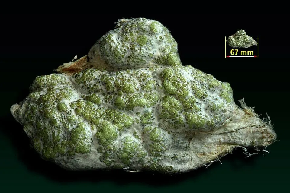 Bright green demantoid garnet crystals nested in fibrous pale asbestos matrix