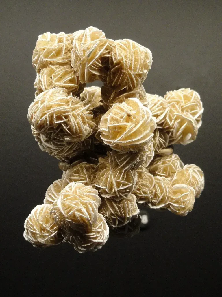 Cluster of reddish-brown gypsum desert rose crystals with embedded sand grains, from Chihuahua, Mexico.