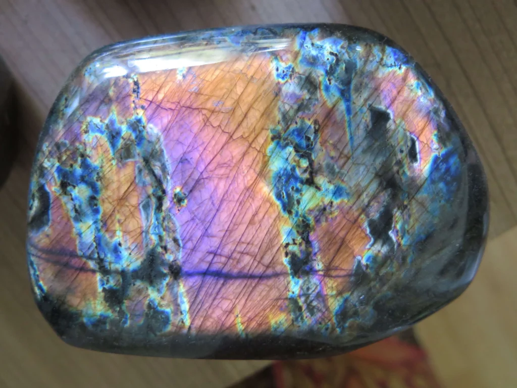 Polished labradorite showing blue and gold labradorescence schiller