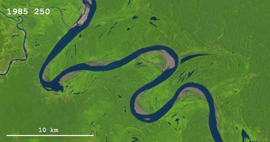Aerial view of the Ucayali River in Peru showing tightly meandering channels, oxbow lakes, and crescent-shaped scroll bars across a tropical floodplain