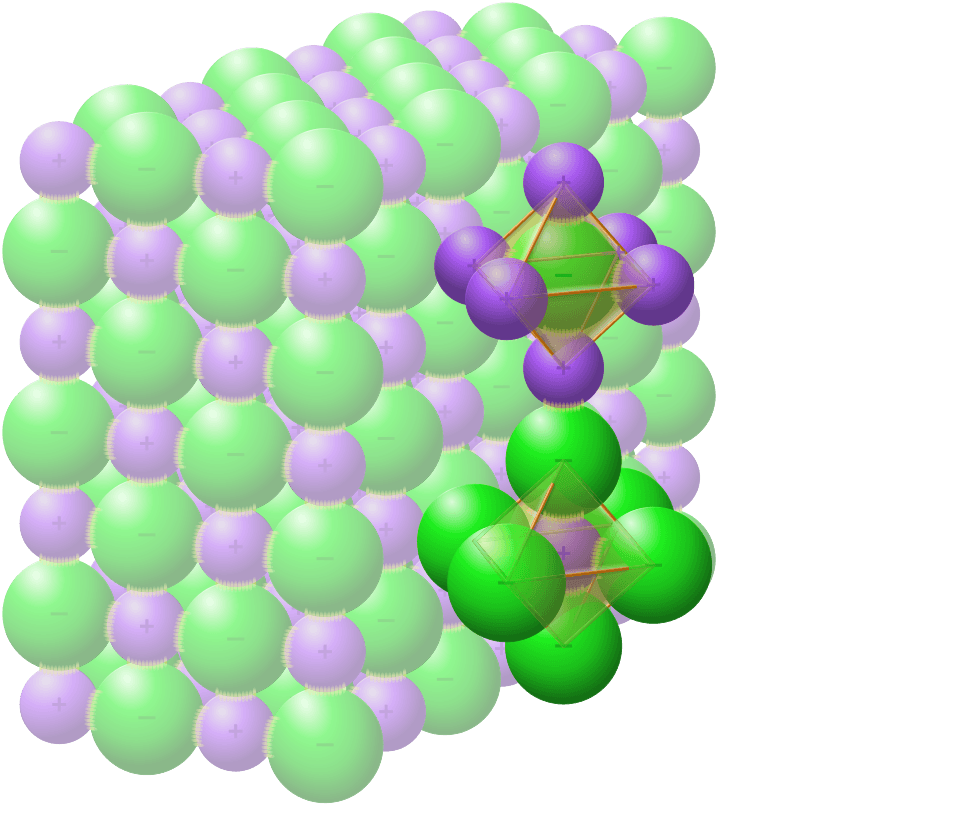 NaCl crystal lattice diagram showing octahedral coordination of sodium and chloride ions