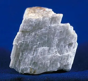 Photomicrograph of plagioclase feldspar showing albite twinning under crossed polars