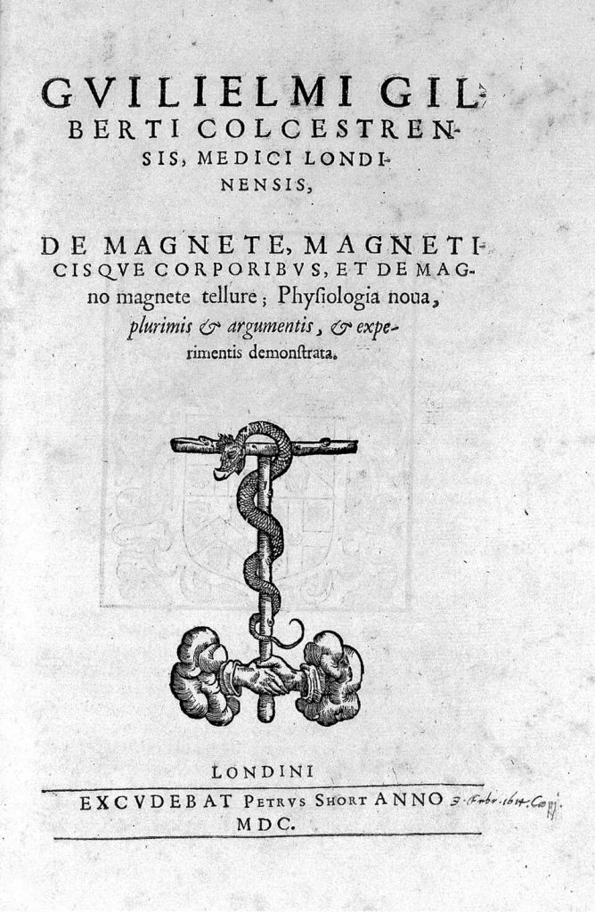 Engraved title page of William Gilbert's book De Magnete on lodestones and the magnetism of the Earth