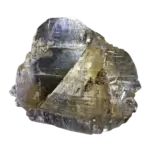 Transparent, faceted mineral crystal with gray and yellow tones (gypsum)