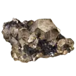 Brassy metallic crystal cluster with dark needle-like mineral inclusions (pyrite)