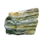 Green and yellow banded metamorphic rock specimen (gneiss sample)