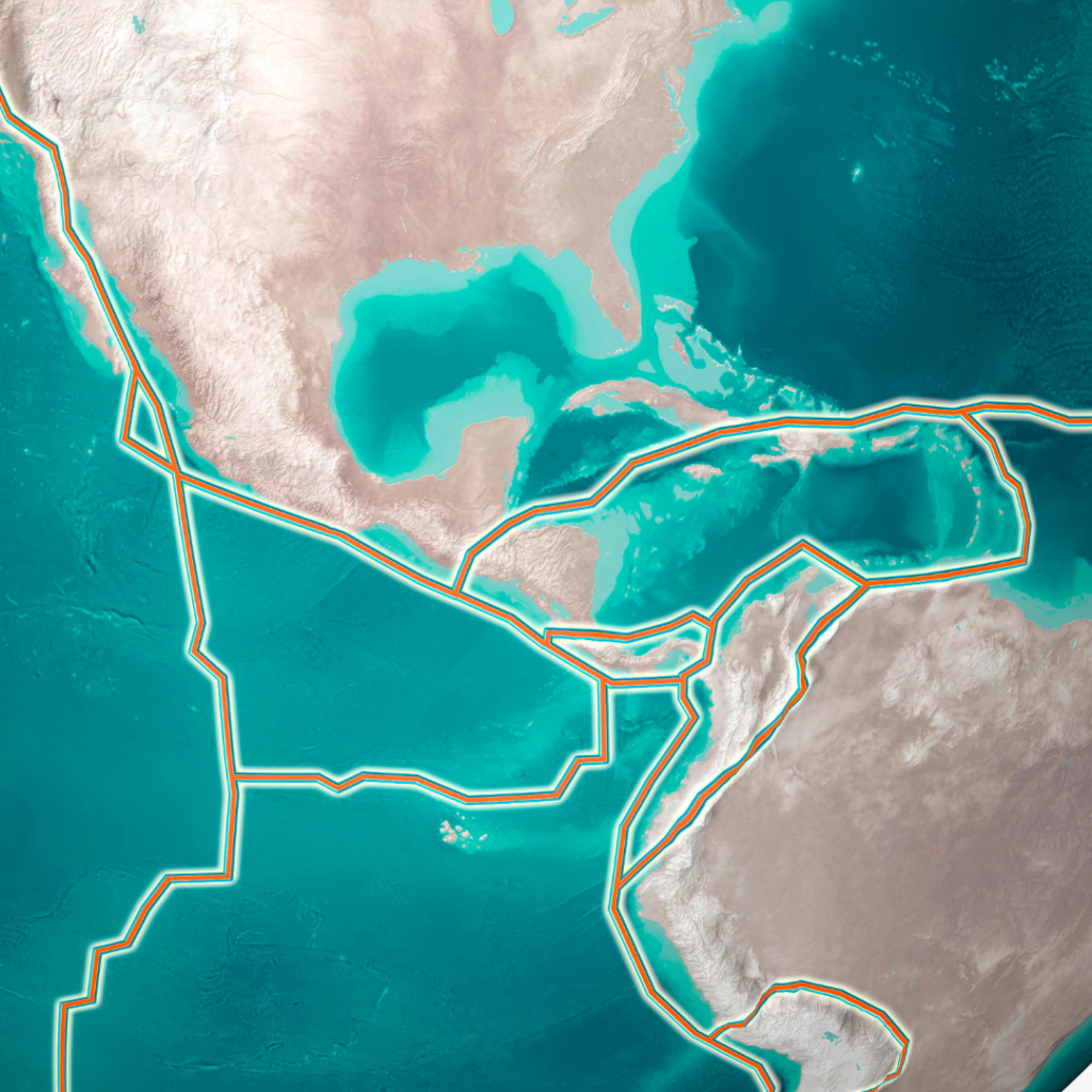 Mapa de América con las líneas de límites marítimos en el Caribe y el Atlántico (margen activo)
