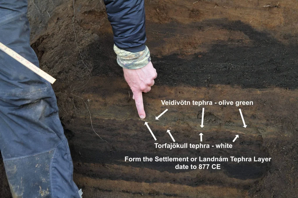 Dedo que señala capas de tefra en un suelo de Islandia (tefrocronología)
