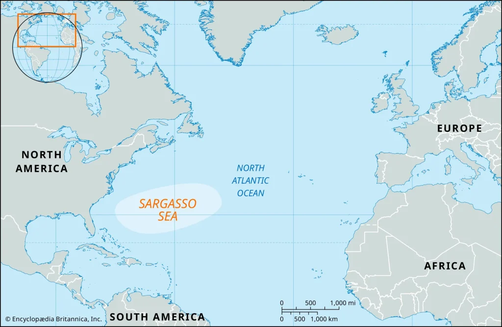 Mapa del mar de los Sargazos en el océano Atlántico