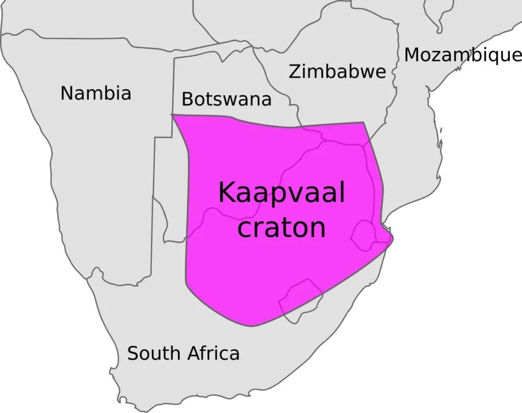 Mapa del cratón de Kaapvaal en el sur de África