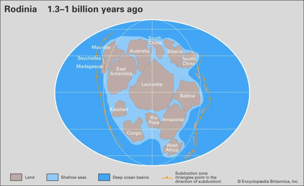 Mapa del supercontinente Rodinia hace 1.300 millones de años