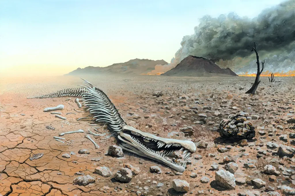 Esqueleto de dinosaurio en un paisaje desértico en llamas (extinción masiva)