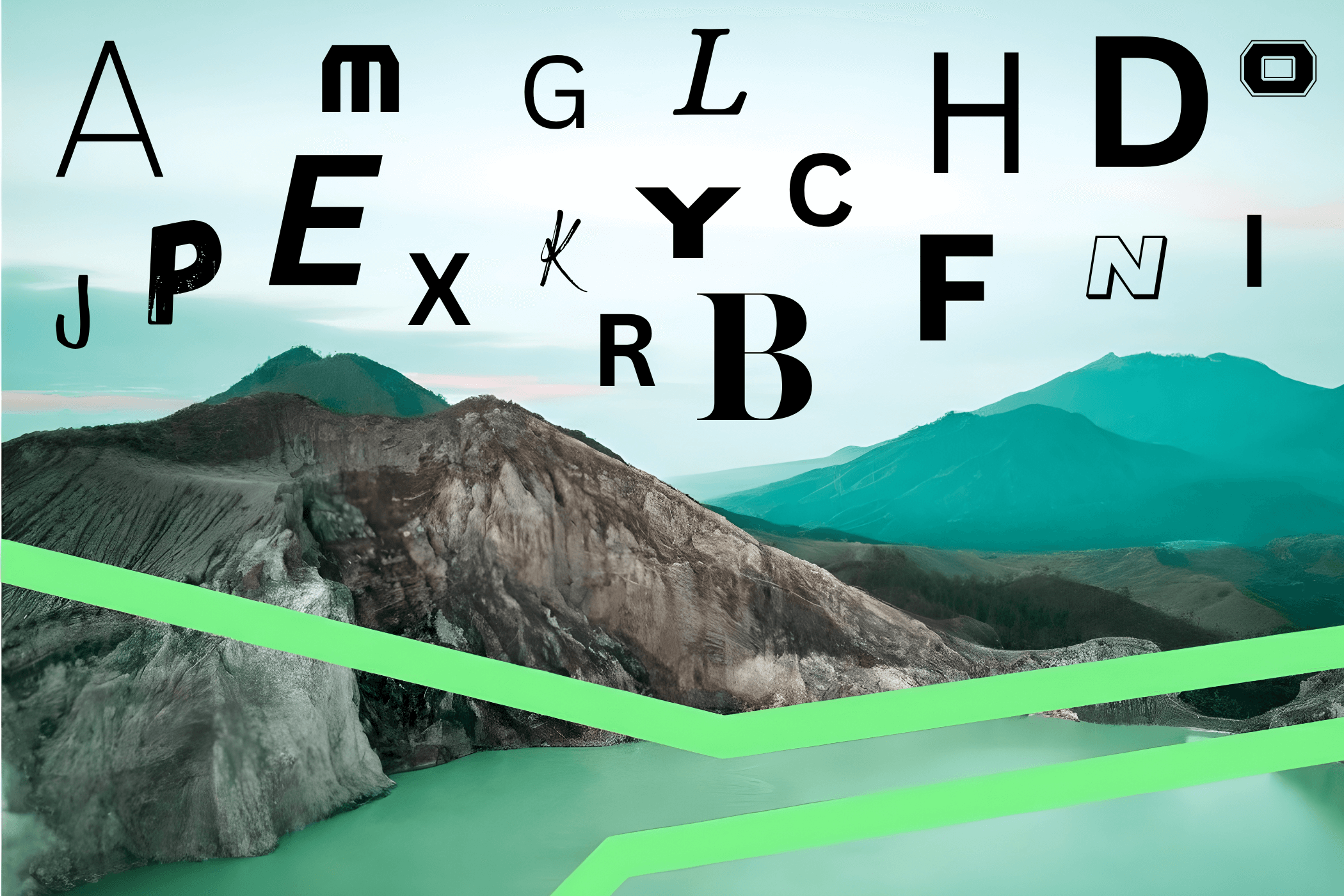 Mountain landscape with floating letters and green lines (geology glossary)