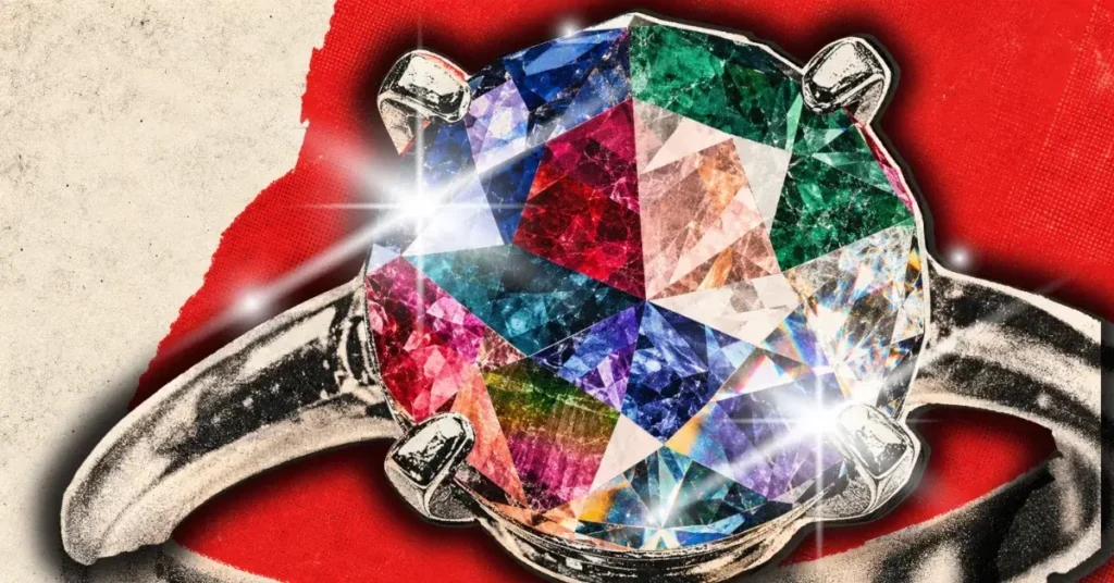 Gema facetada de colores engastada en un anillo de compromiso de plata