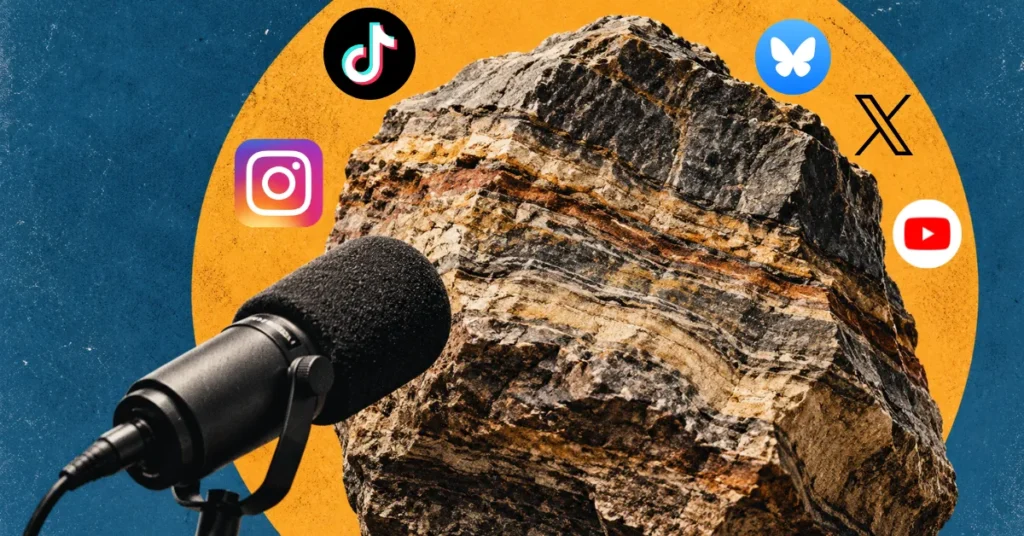 Micrófono frente a una roca con logotipos de plataformas de redes sociales, influencer de geología, divulgador de geología