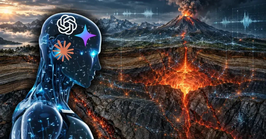 Robot de IA con logotipos que contempla un volcán en erupción y redes de datos