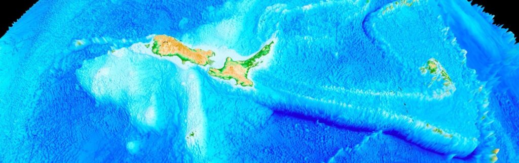 Mapa batimétrico tridimensional de Nueva Zelanda y del fondo marino circundante (Zelandia)