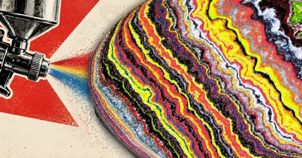 Pistola de pintura que traza franjas onduladas de colores sobre una superficie redonda
