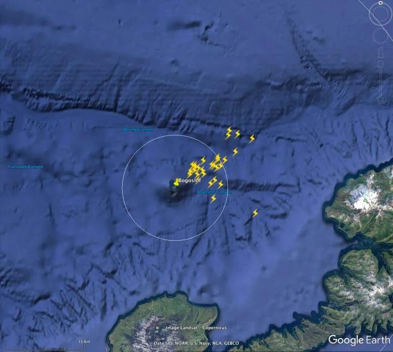 Map of volcanic lightning strokes detected at Alaska's Bogoslof volcano by the World Wide Lightning Location Network