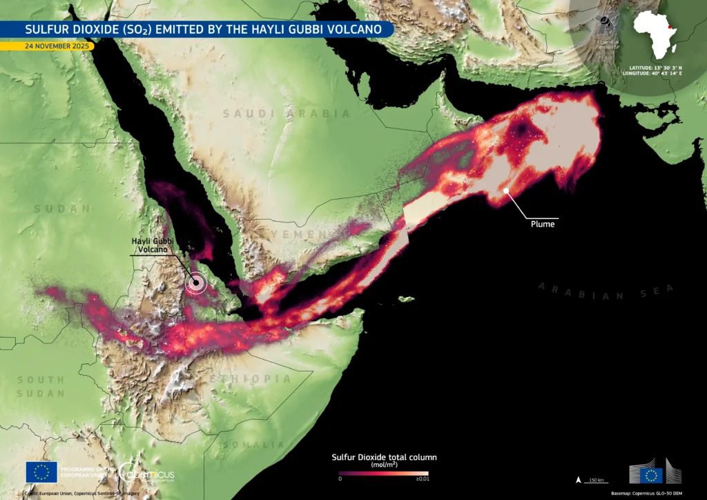 Copernicus Sentinel-5P TROPOMI map showing the sulphur dioxide plume from the Hayli Gubbi eruption stretching east from Ethiopia across the Arabian Peninsula and out over the Arabian Sea on 24 November 2025