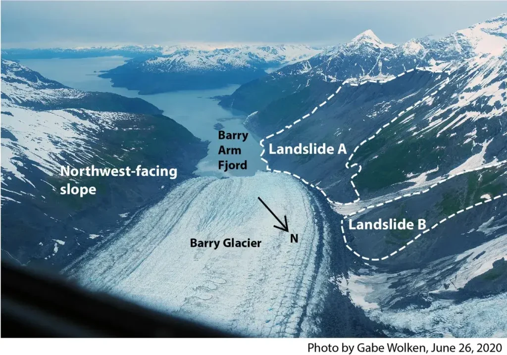 Annotated photograph of Barry Glacier and the unstable slope above Barry Arm fjord in Prince William Sound, Alaska, with the landslide-prone areas outlined