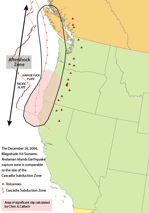 USGS map of the Cascadia subduction zone showing the trench offshore the Pacific Northwest, the Juan de Fuca plate, and the rupture area of past megathrust earthquakes.