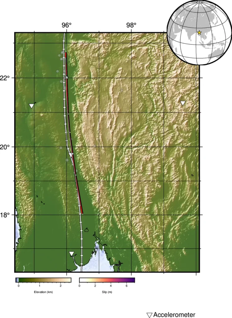USGS finite-fault surface projection of the 2025 Mw 7.7 Mandalay earthquake, showing coseismic slip distribution color-coded along the Sagaing Fault from north of Mandalay to south of Naypyidaw, with maximum modeled slip in the 5–6 metre range.