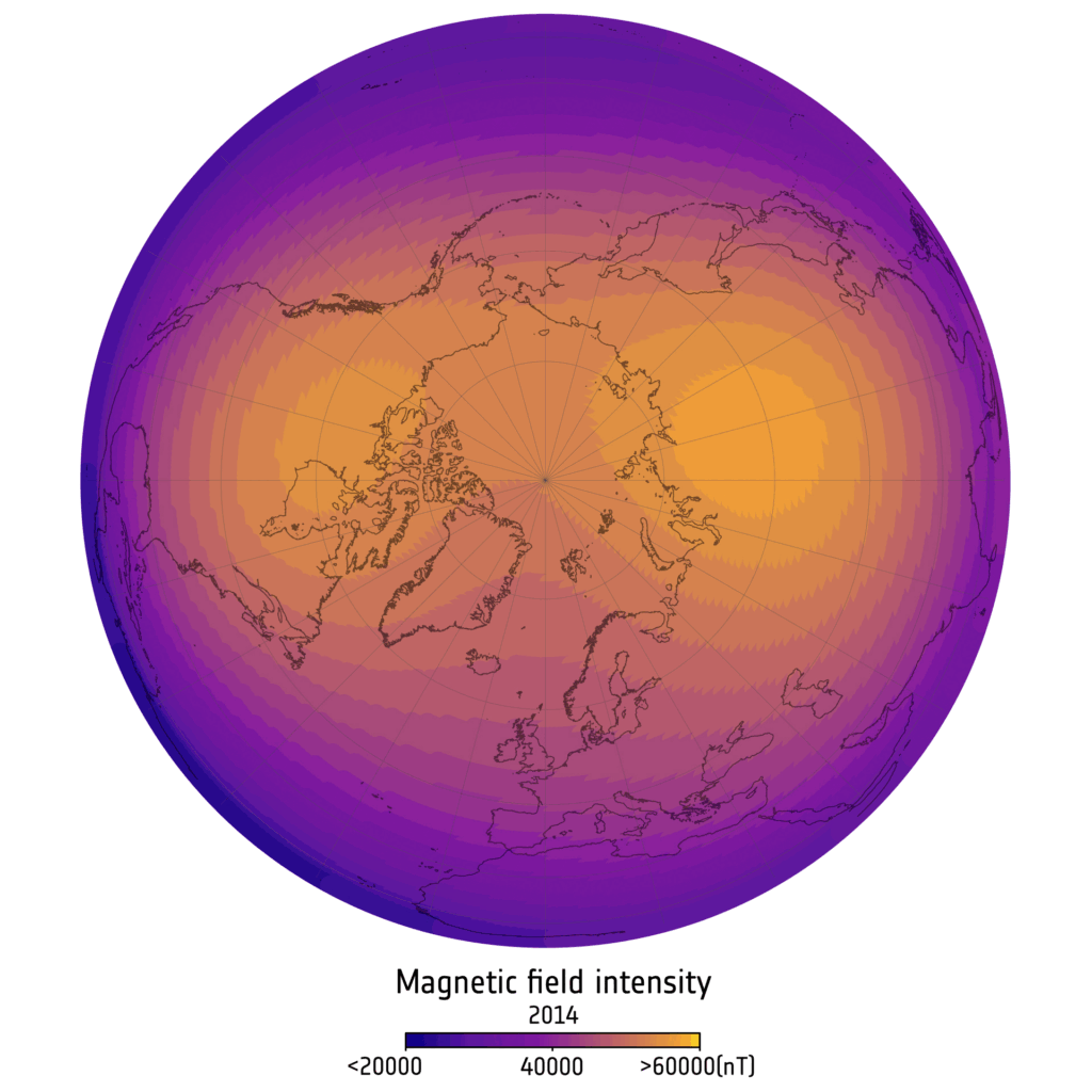 Animated map showing the shrinking strong-field region over Canada and the growing strong-field region over Siberia between 2014 and 2025, accompanying the drift of the north magnetic pole