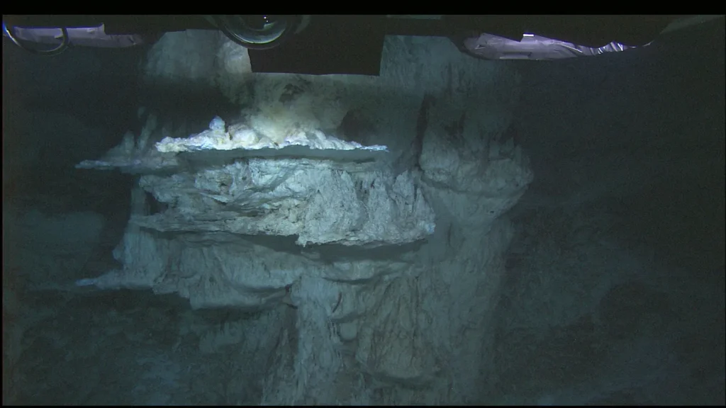 Towering white carbonate chimney structures at the Lost City vent field on the Atlantis Massif