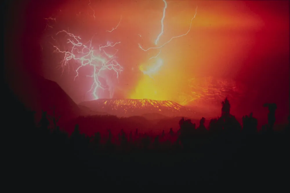 Volcanic lightning crackling through the ash column of Indonesia's Galunggung volcano during its 1982 eruption