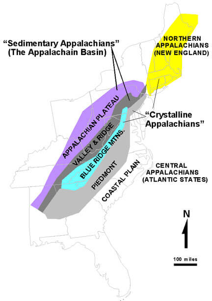 Coloured geological map of the Appalachian Mountains stretching from Alabama to Newfoundland, with the Sedimentary Appalachians outcrop belt shaded in one tone and the Crystalline Appalachians belt shaded in a contrasting tone