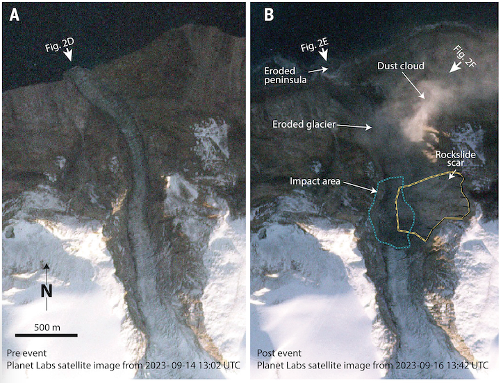 Side-by-side satellite views of the gully glacier below Hvide Støvhorn before and after the 16 September 2023 rockslide, with a fresh dark scar visible in the post-event