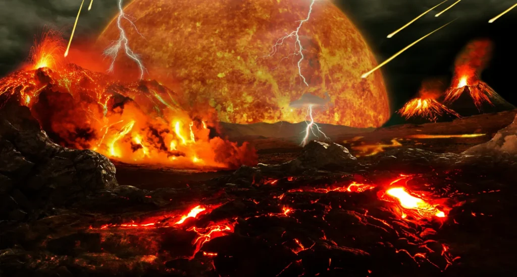 Artist's depiction of the Hadean Earth as a partially molten orange-red sphere with a thin dark crust and a faint atmosphere, with the young Moon visible above