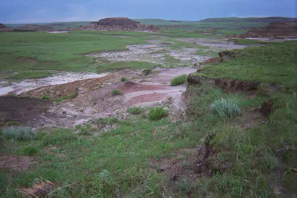 Eroded Hell Creek Formation badlands in South Dakota with bare grey-brown layered slopes under a blue sky