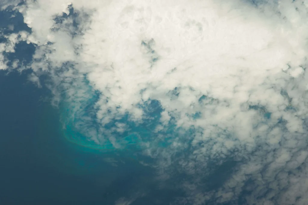 Astronaut photograph of Bermuda's hook-shaped islands ringed by a bright pale halo of shallow reef, seen against dark ocean from the International Space Station.
