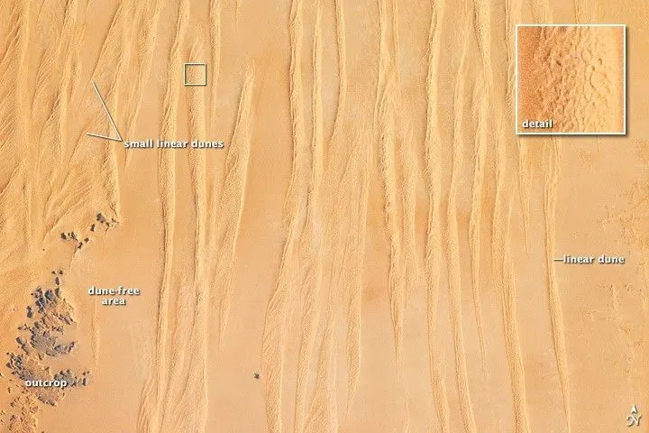Astronaut photograph of linear dunes in the Great Sand Sea, southwestern Egypt, with parallel sand ridges and dark rock outcrops