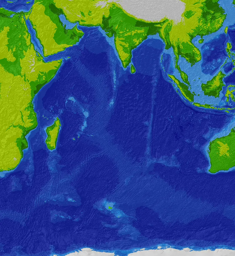 Bathymetric map of the Indian Ocean basin showing the deep void of the Argo Abyssal Plain off northwest Australia and the shallow Sundaland shelf beneath Indonesia and Malaysia where Argoland's fragments now lie