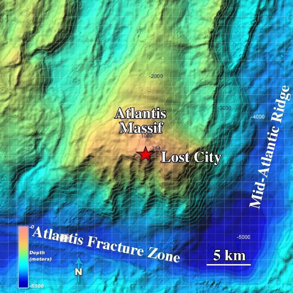 Map showing the location of the Lost City Hydrothermal Field on the Atlantis Massif near the Mid-Atlantic Ridge