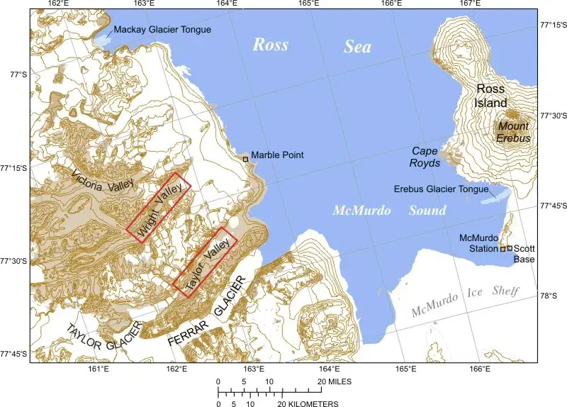 USGS topographic map of McMurdo Sound and the McMurdo Dry Valleys, showing the location of Taylor Valley and Taylor Glacier west of McMurdo Station and the Ross Sea in Antarctica