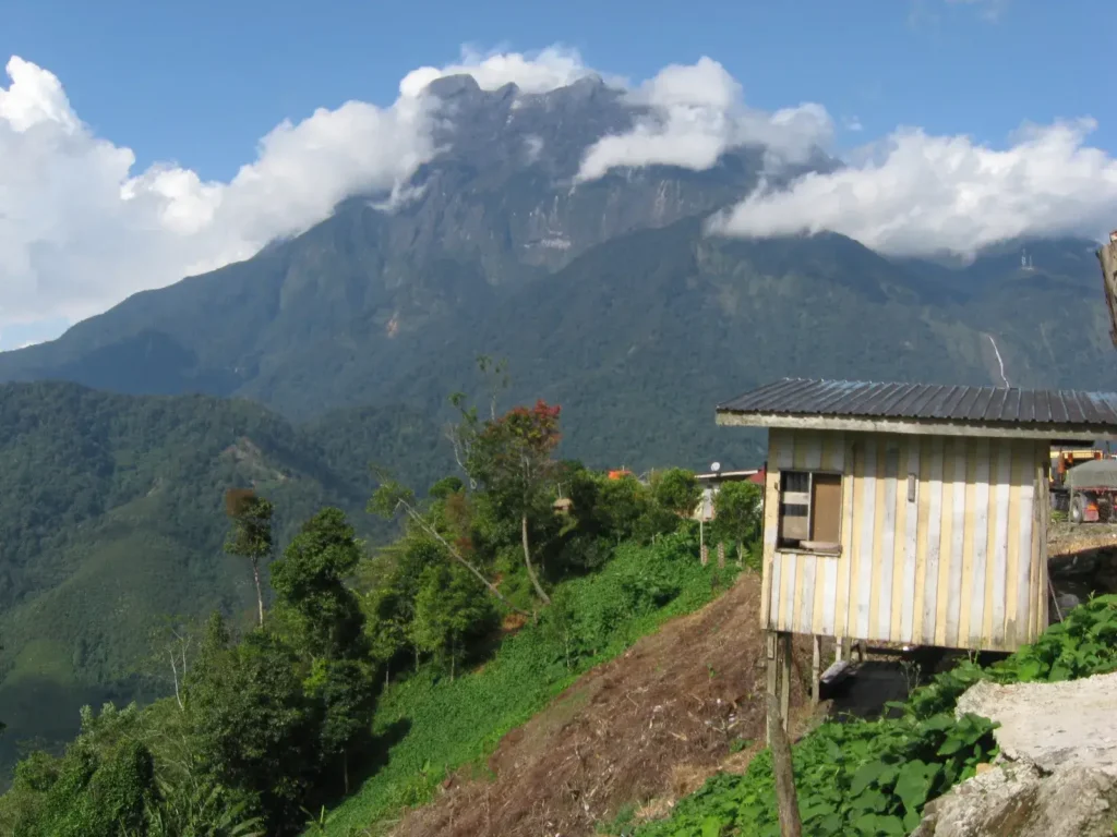 Mount Kinabalu rising above tropical forest in Sabah, northern Borneo: the basement of which forms part of the southwest Borneo block, one of the six Argoland fragments