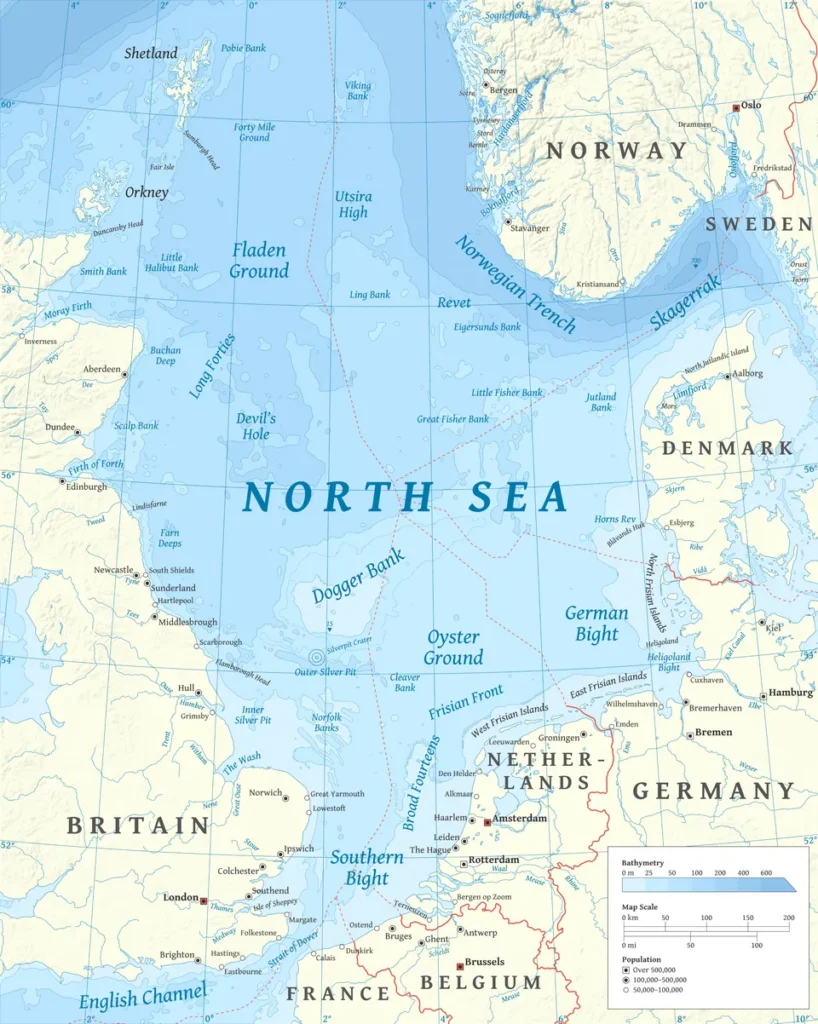 Modern bathymetric map of the North Sea, with the shallow Dogger Bank visible in the central southern basin
