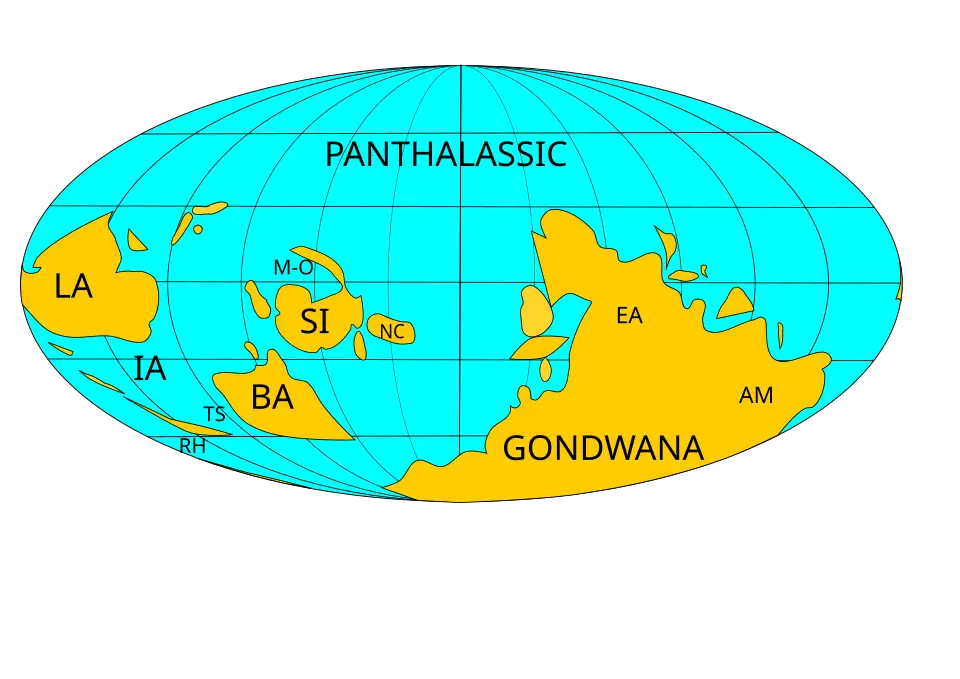 Middle Ordovician paleogeographic map showing Gondwana, Laurentia, Baltica and the equatorial belt where impact craters cluster